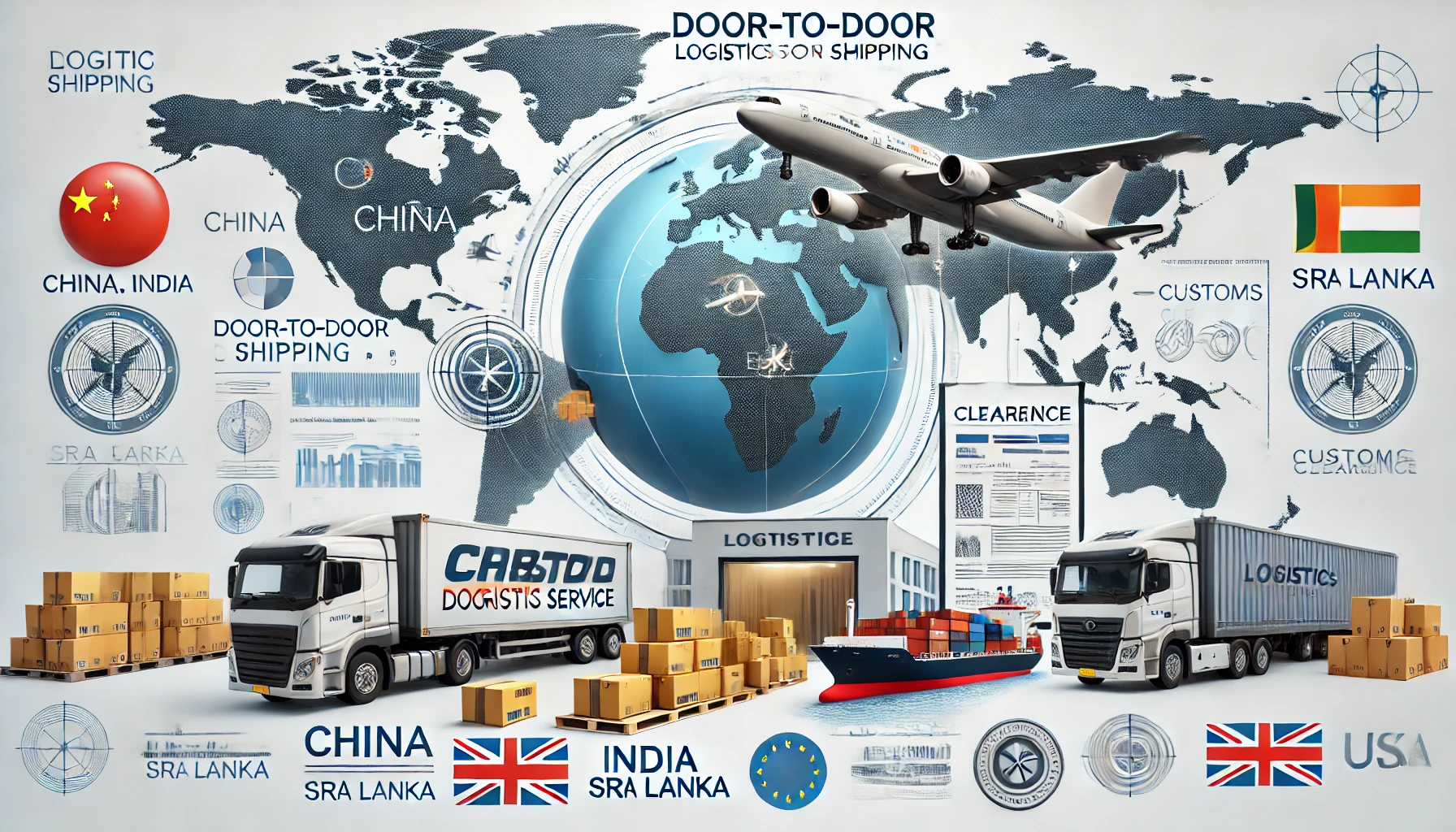 Professional and modern logistics service image showing global door-to-door shipping. A cargo truck travels across a map of the UK and Europe. An airplane with cargo and shipping labels flies above the map, while containers are seen on ships in the sea. Customs clearance stamps are visible, with China, India, Sri Lanka, and the UK highlighted. The image reflects reliability and efficiency in international logistics.