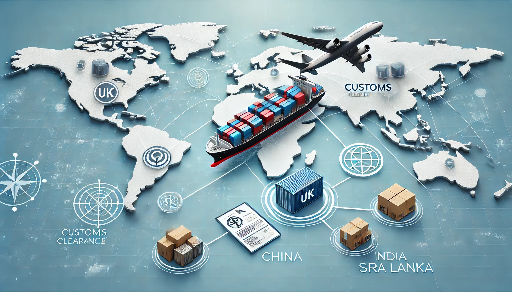 Professional logistics image showcasing a global shipping network. A cargo ship sails across the ocean with containers, and an airplane flies in the sky carrying a package for international delivery. The background features a map with lines connecting the UK, China, India, and Sri Lanka, symbolizing global shipping routes. Icons representing customs clearance, packing, and labeling are also visible, highlighting a seamless, efficient shipping process.